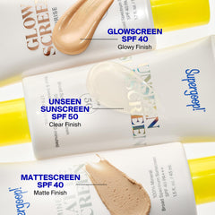 Supergoop! Glowscreen on bathroom vanity styled with skincare for everyday routine benefit