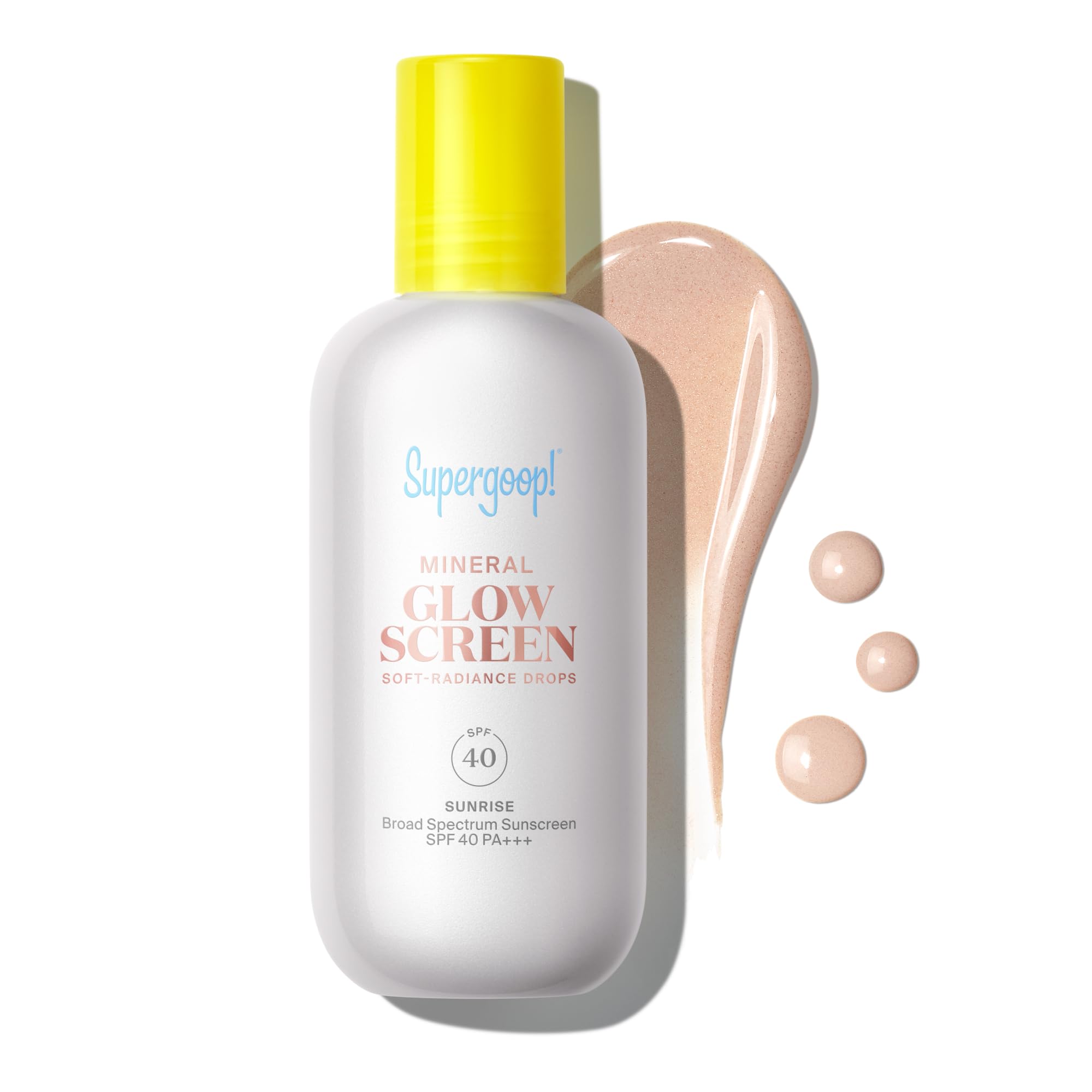 Supergoop! bottle front view showing Sunrise dropper and radiance benefit