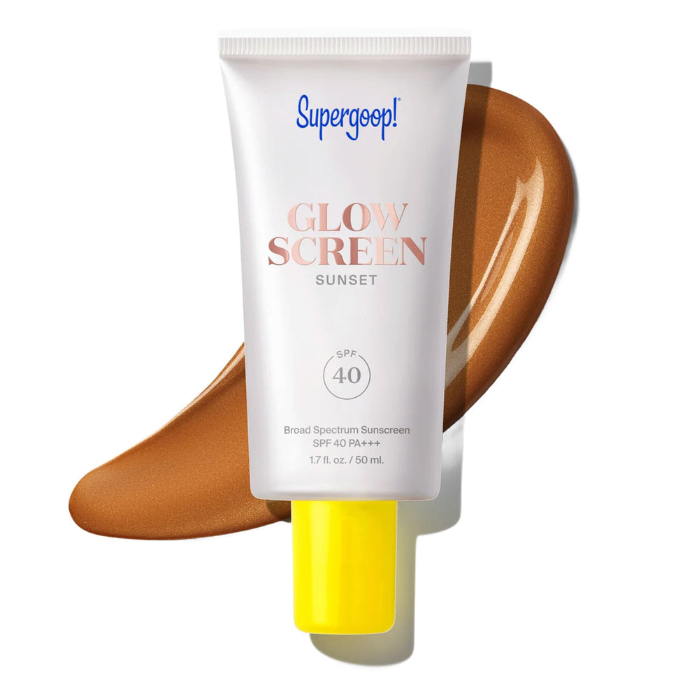 Supergoop! front packaging shows Sunset tinted sunscreen, easy identification and glow