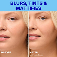 Supergoop! before and after showing minimized pores and matte finish