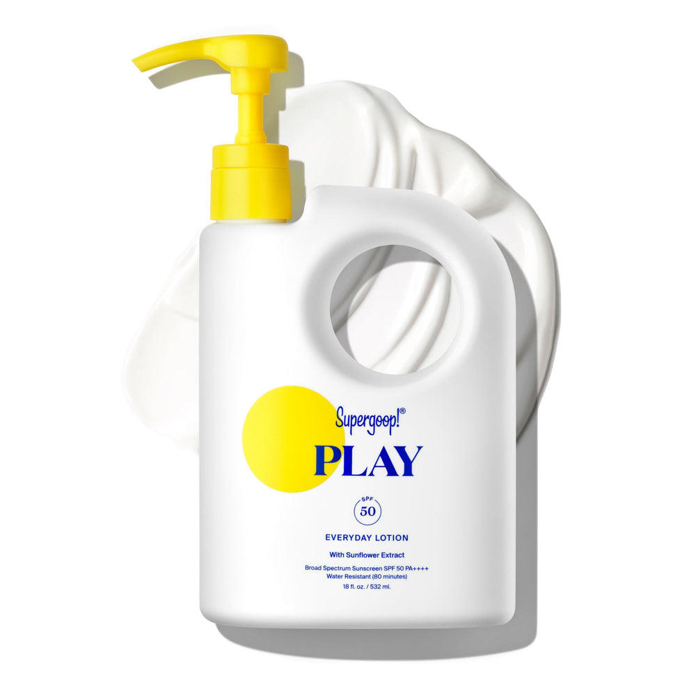 Supergoop! front packaging shows 18 oz bottle and pump for easy dispensing