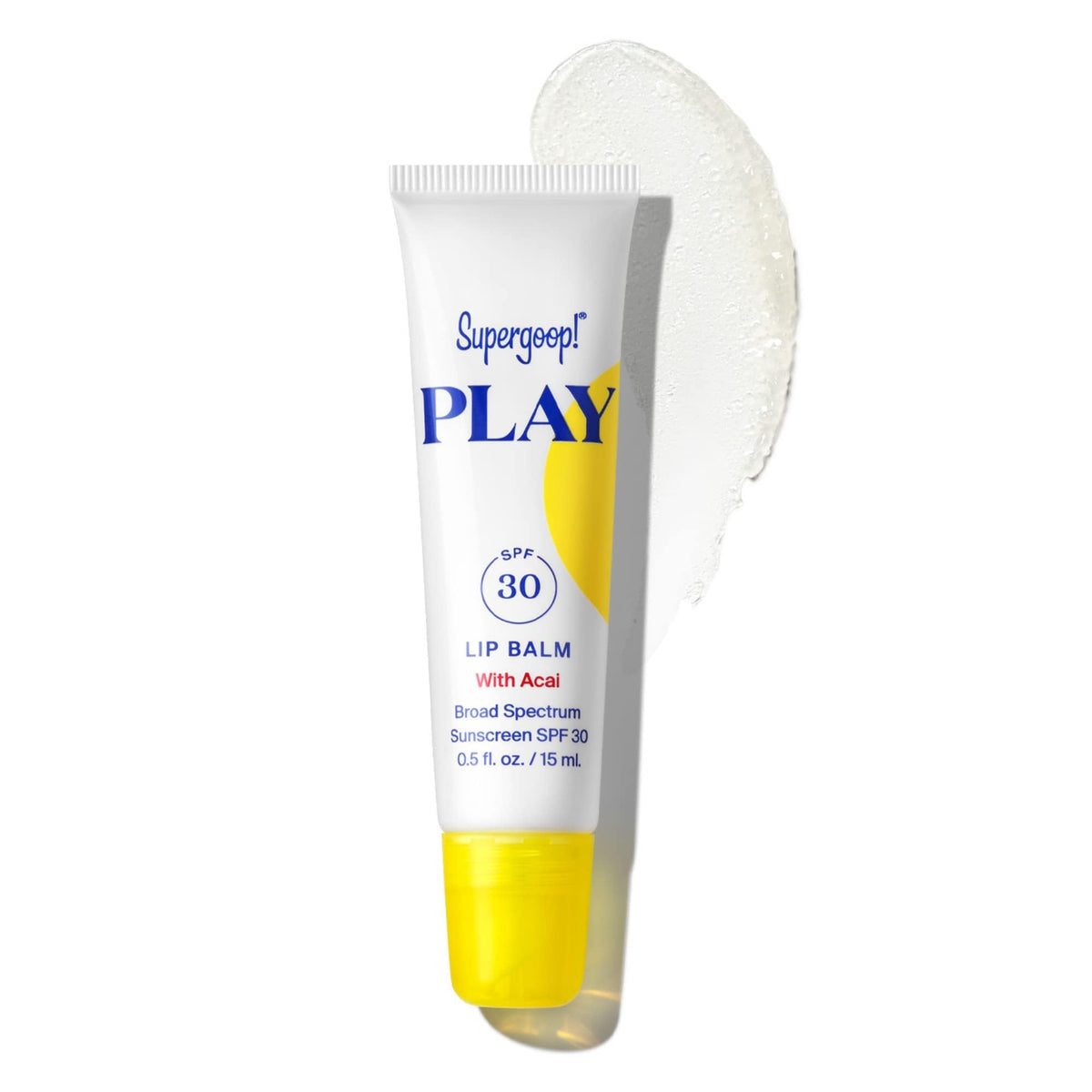Supergoop! PLAY lip balm front tube showing SPF 30 and acai flavor benefit hydration
