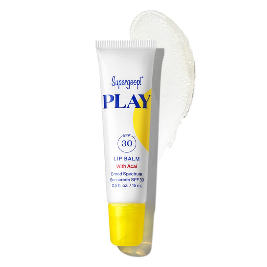 Supergoop! PLAY lip balm front tube showing SPF 30 and acai flavor benefit hydration