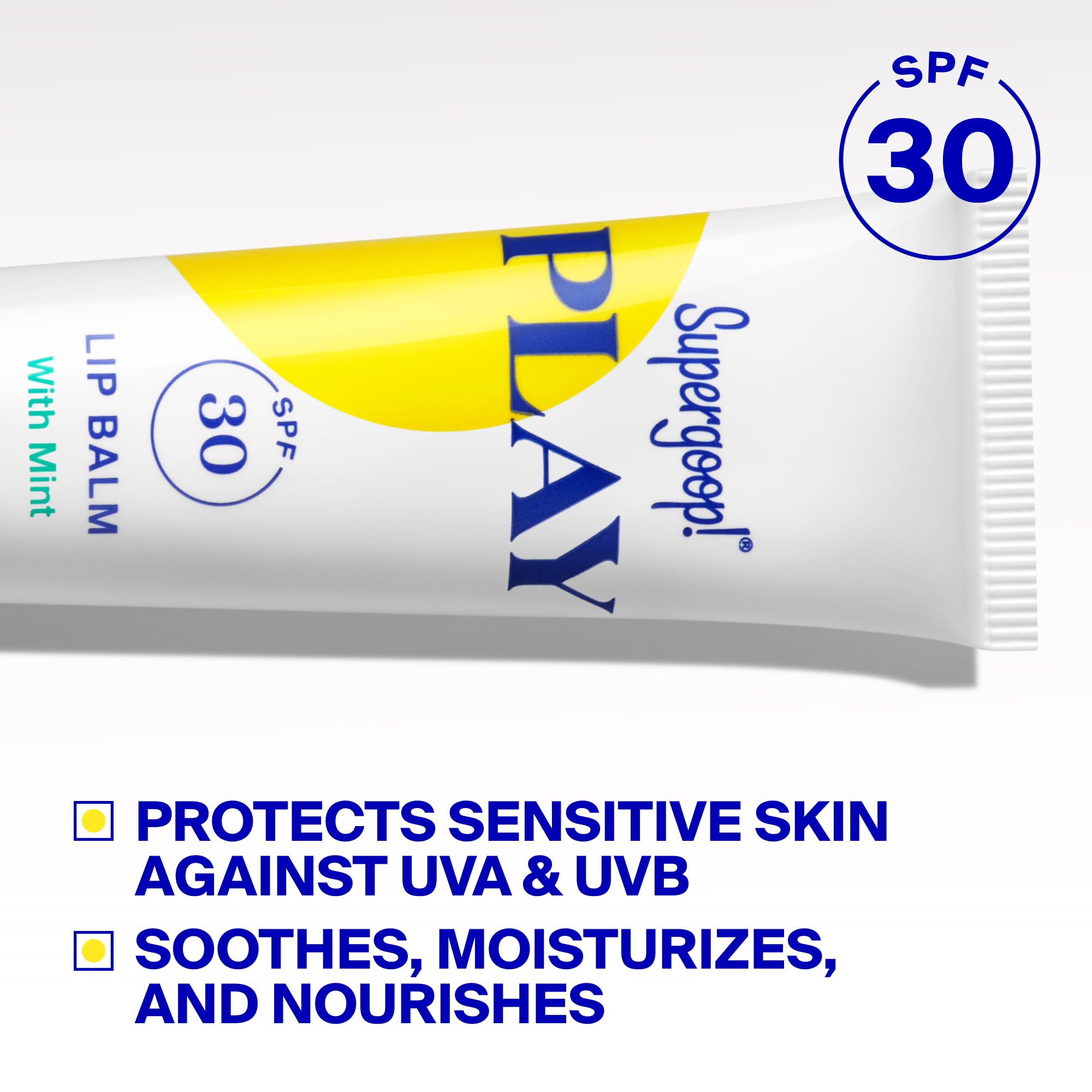 Supergoop! PLAY lip balm mint beside shea butter and honey highlighting nourishing ingredients