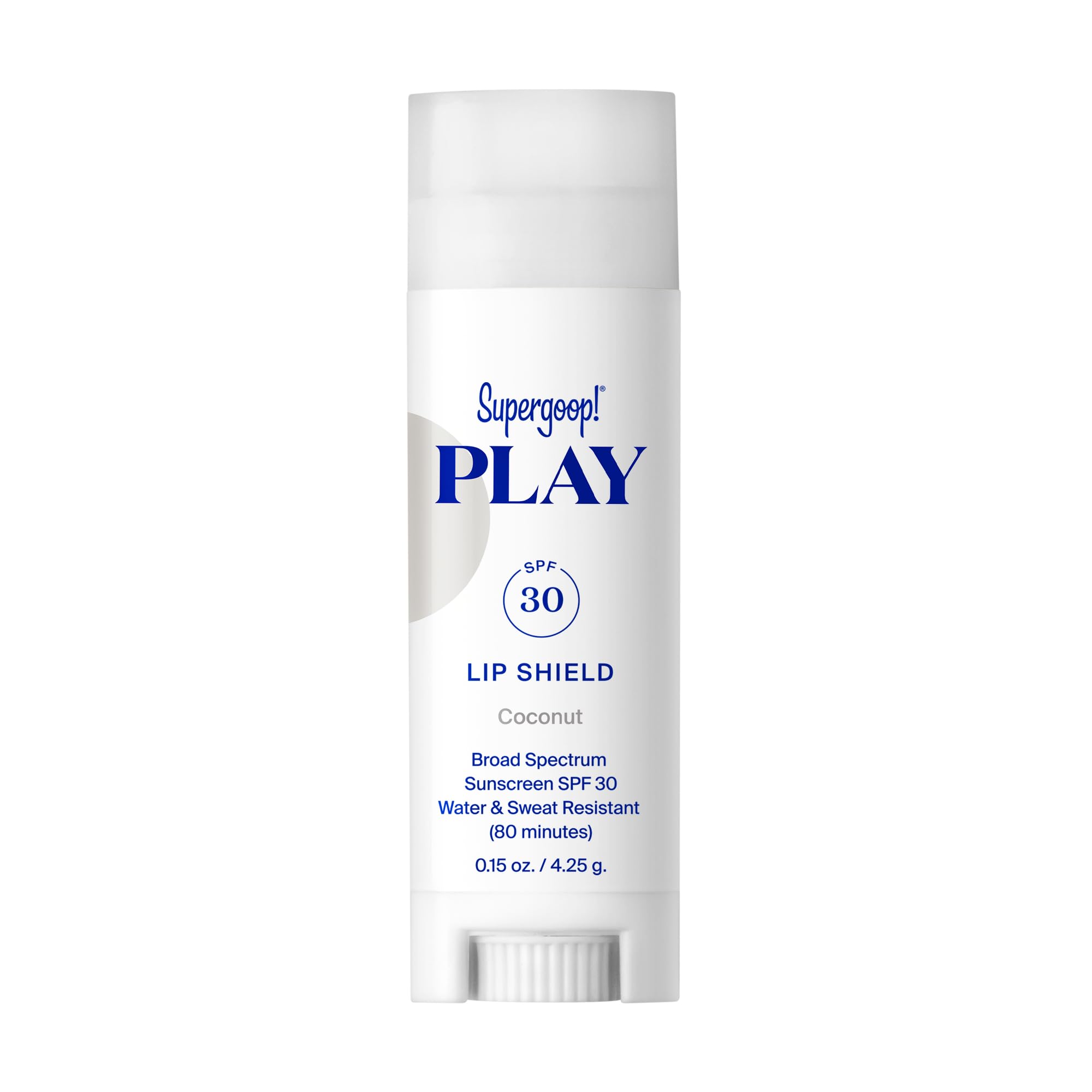 Supergoop! lip shield front packaging showing SPF 30 and coconut scent for sun protection