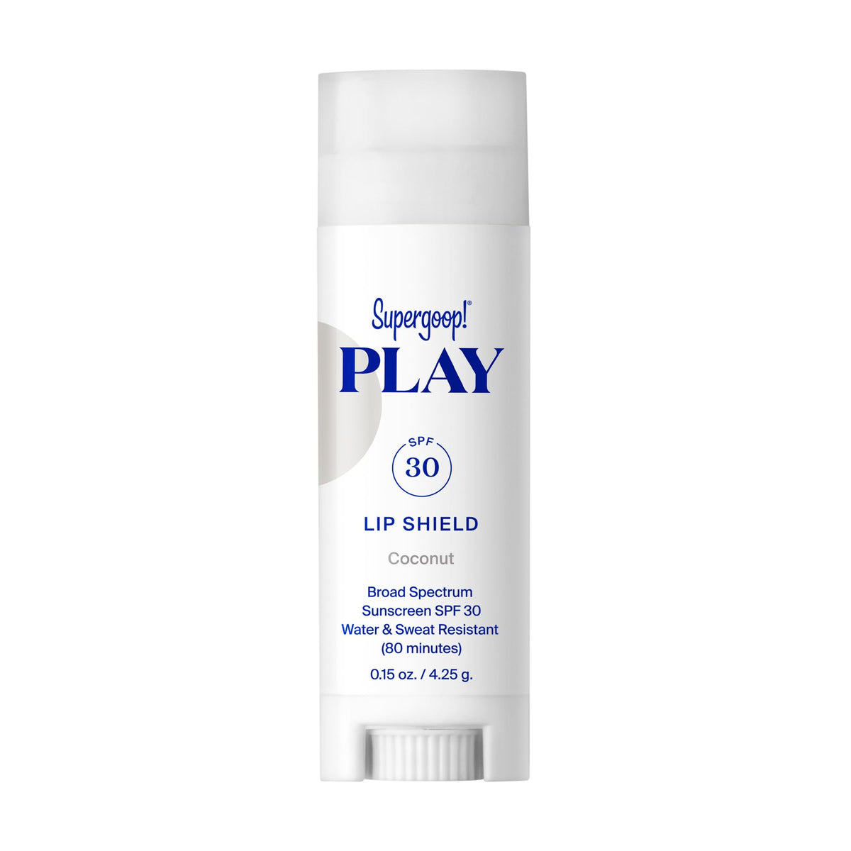 Supergoop! lip shield front packaging showing SPF 30 and coconut scent for sun protection