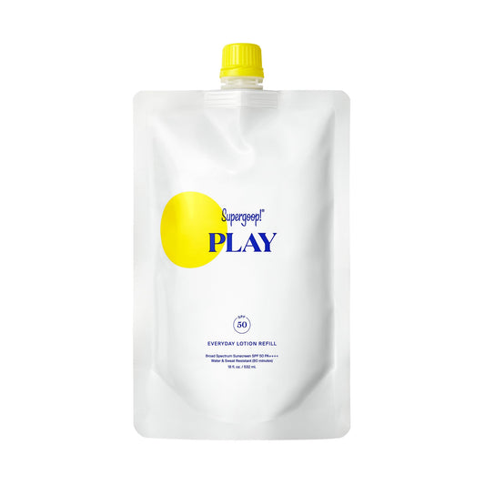 Supergoop! refill pouch front view showing branding and size, convenient refill solution