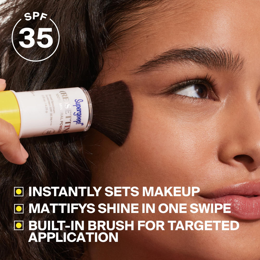 Supergoop! powder texture macro highlighting matte finish and light-diffusing silica benefits