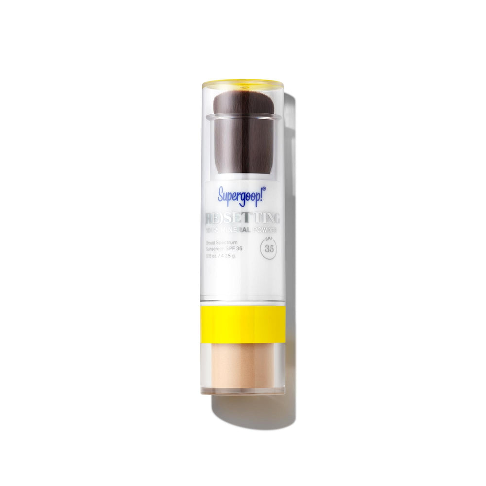 Supergoop! compact front view showing sleek packaging and travel benefit