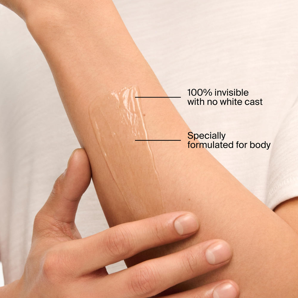 Supergoop! sunscreen on leg showing non‑greasy, invisible finish benefit