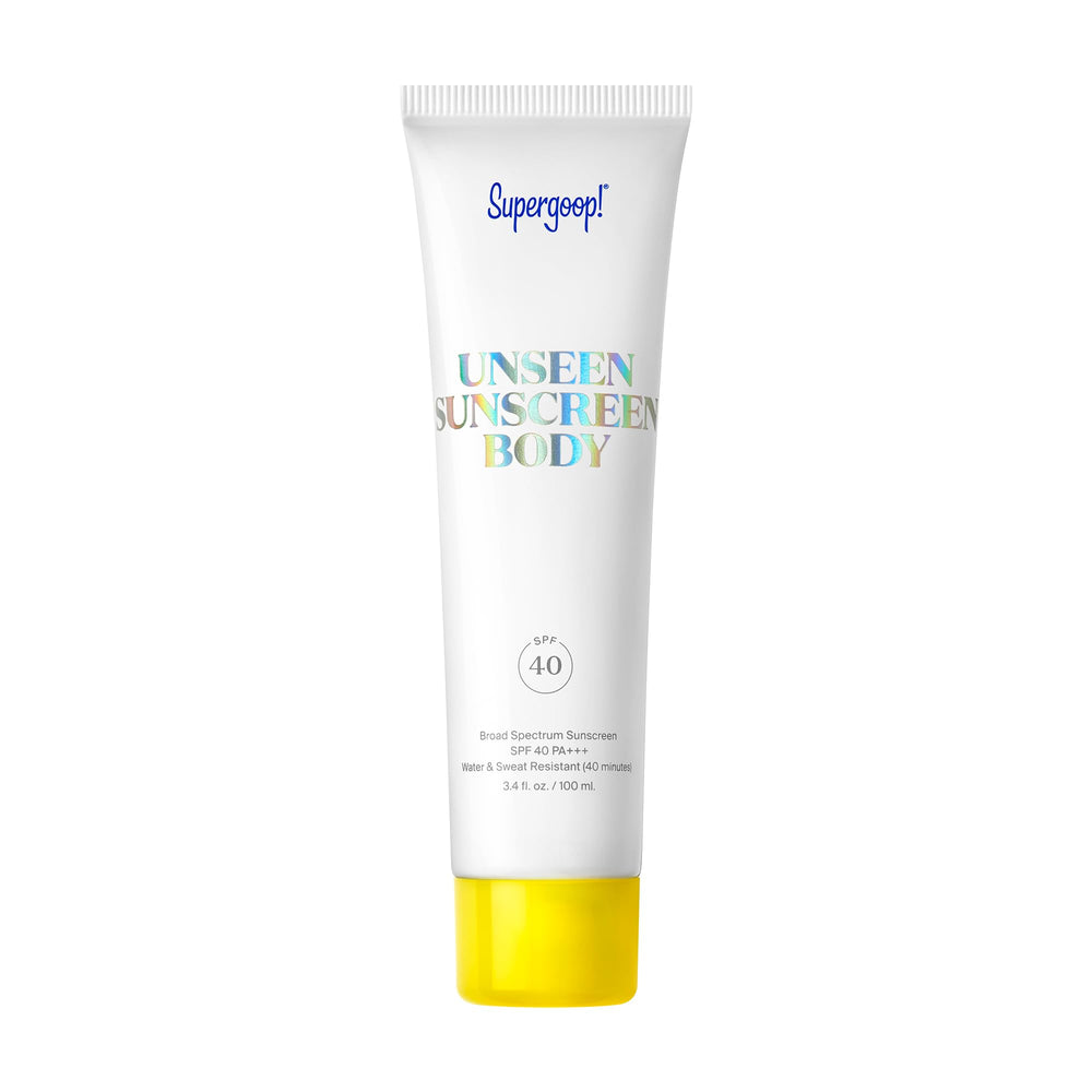 Supergoop! front bottle image showing clear SPF 40 body sunscreen, easy application benefit