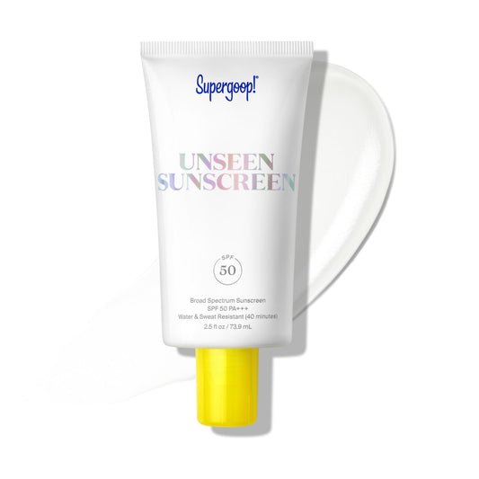 Supergoop! front packaging showing the clear SPF 50 tube and branding benefit