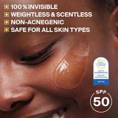 Supergoop! pump dispensing clear sunscreen emphasizing easy, mess-free use