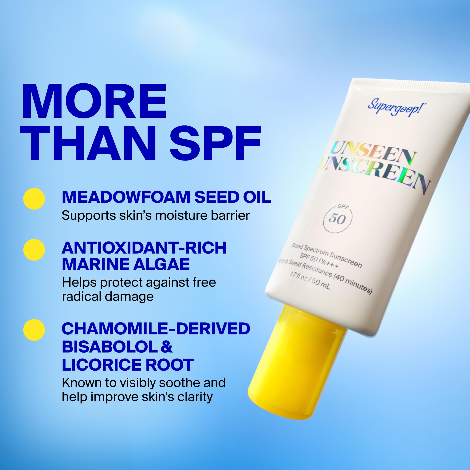 Supergoop! tube beside a ruler showing 2.5 fl oz size for travel-friendly protection
