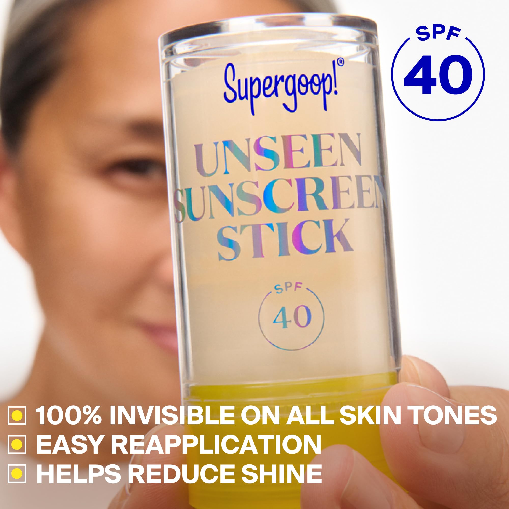 Supergoop! unseen stick applied over makeup demonstrating minimal transfer benefit