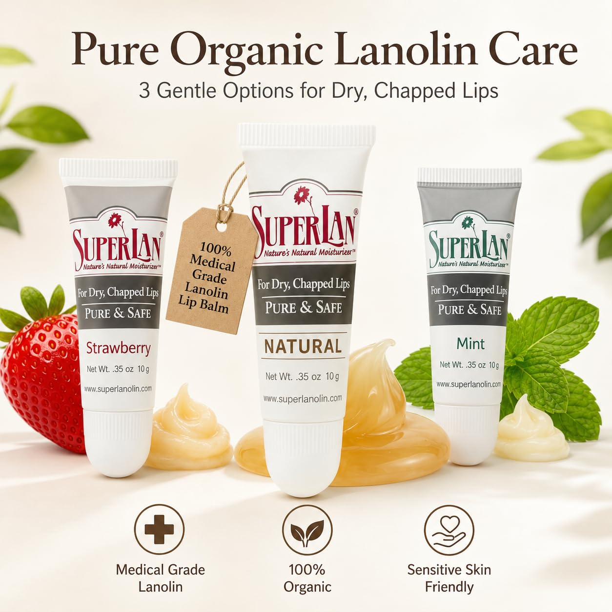 superlan ingredients panel showing lanolin and jojoba for clear ingredient transparency