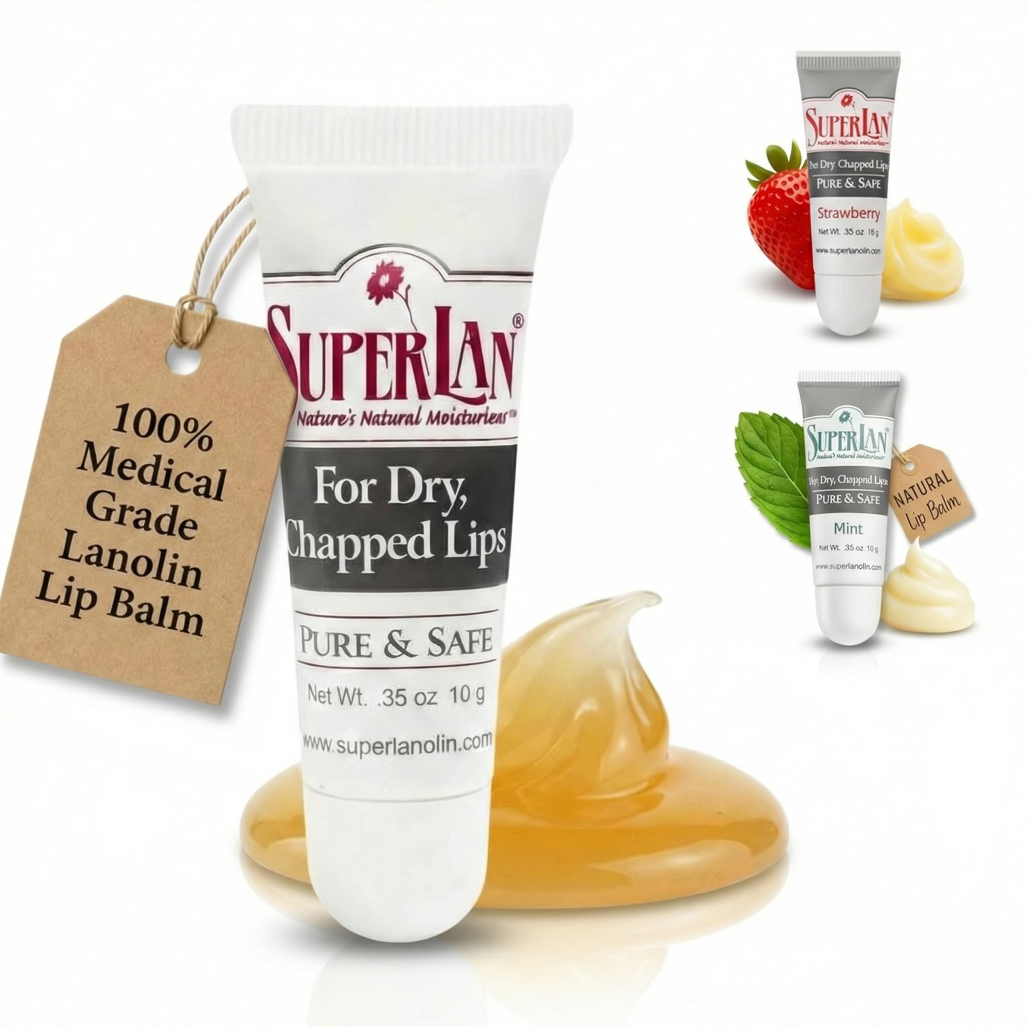 superlan front packaging showing compact lanolin lip balm and brand