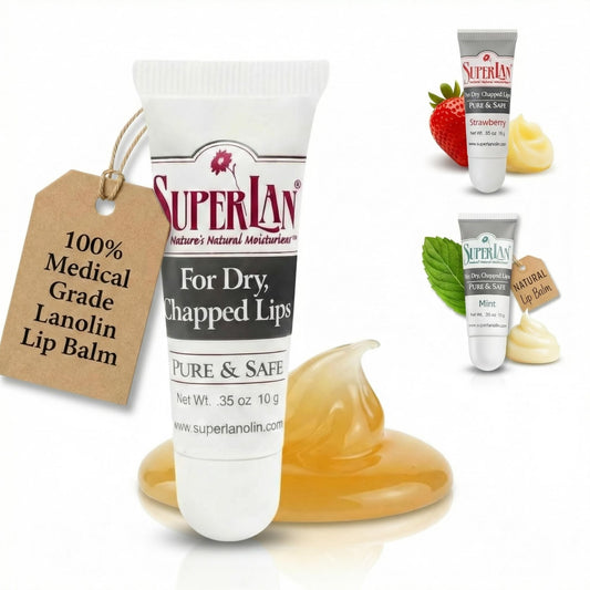superlan front packaging showing compact lanolin lip balm and brand