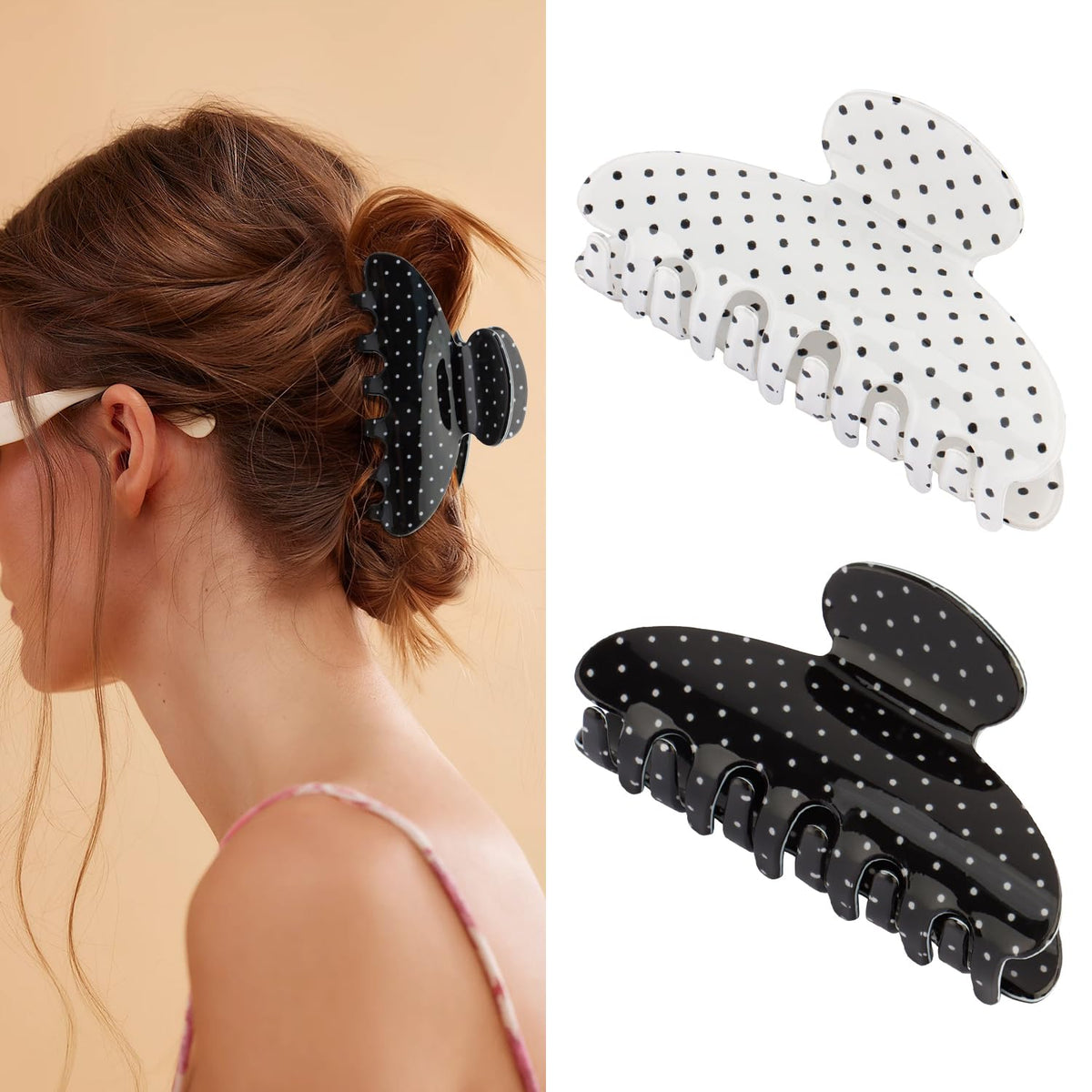 SuPoo clip front view showing polka dot pattern and secure hold