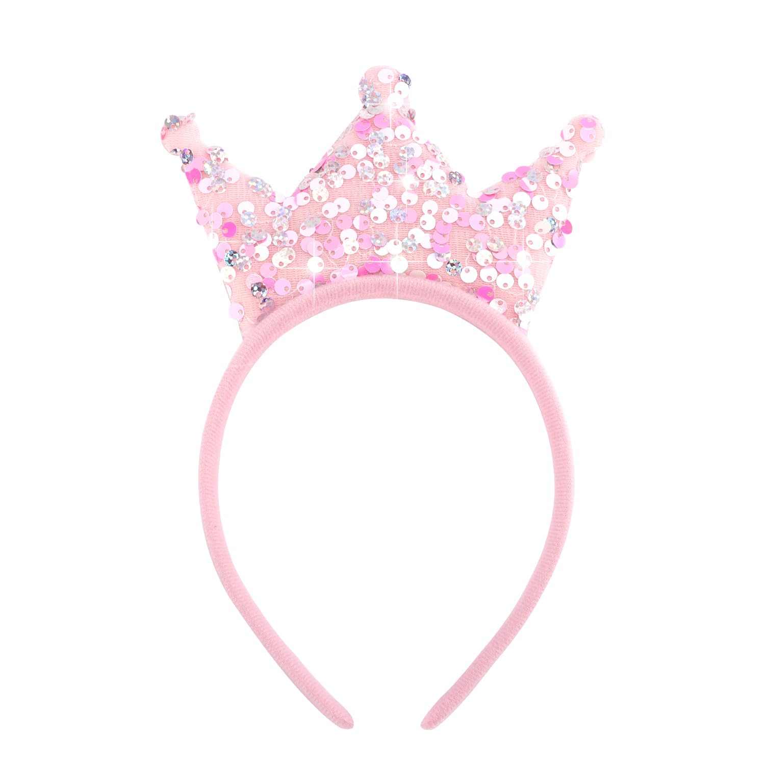 SuPoo sequin headband front view showing pink crown and sparkle benefit