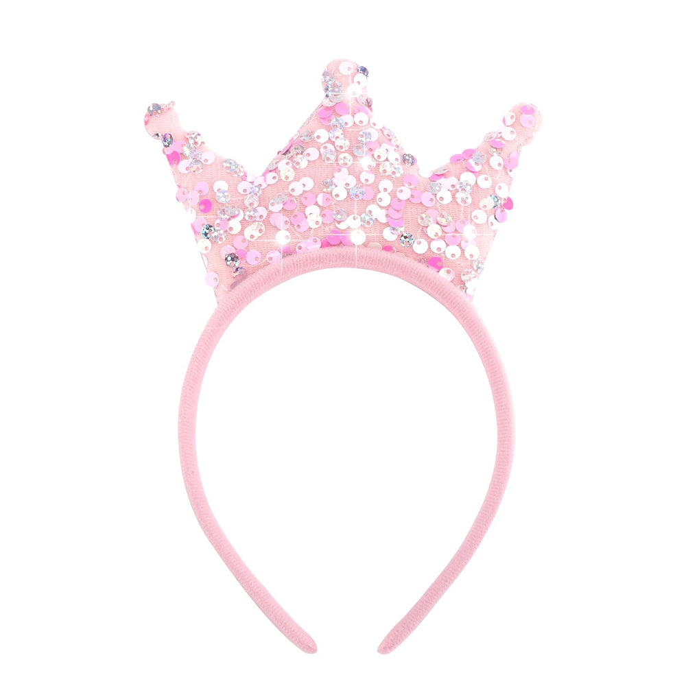 SuPoo sequin headband front view showing pink crown and sparkle benefit