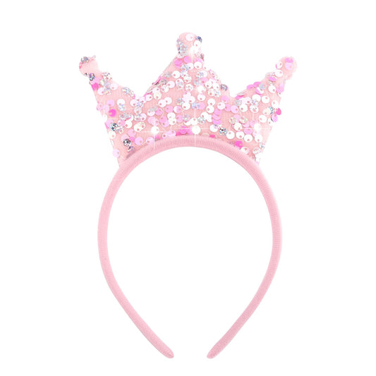 SuPoo sequin headband front view showing pink crown and sparkle benefit