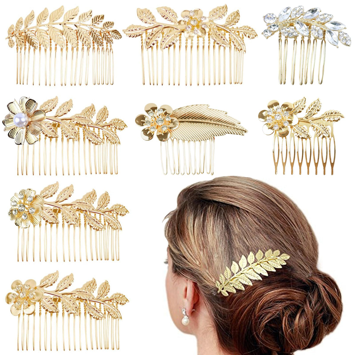 Suptizizkz front view of eight gold combs showing variety and value