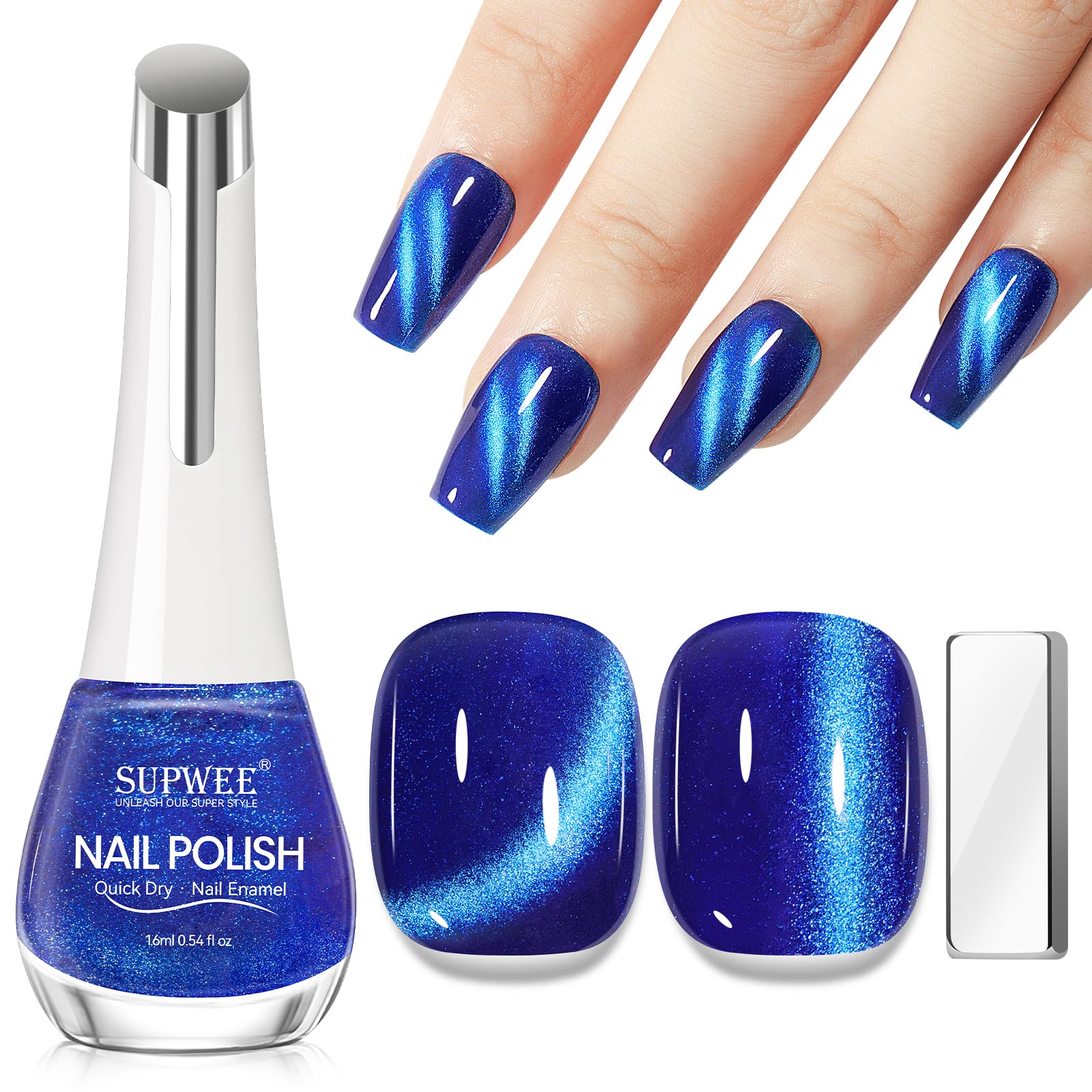 SUPWEE front bottle showing blue cat eye polish and branding benefit visible color
