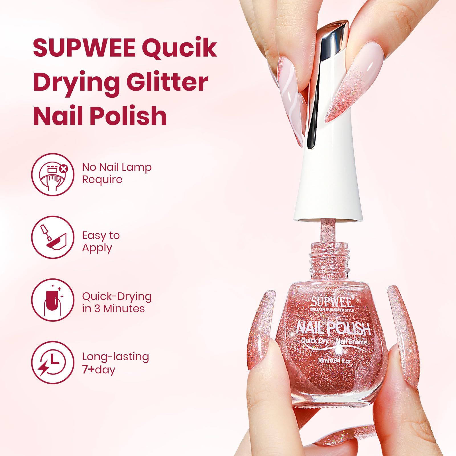 SUPWEE brush stroke on nail swatch demonstrating quick application benefit
