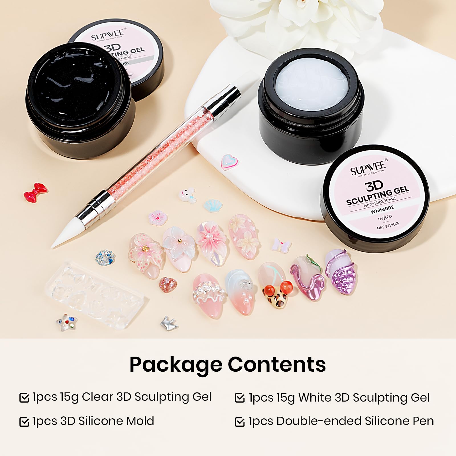 SUPWEE clear and white gel jars open to show thick non-sticky builder gel