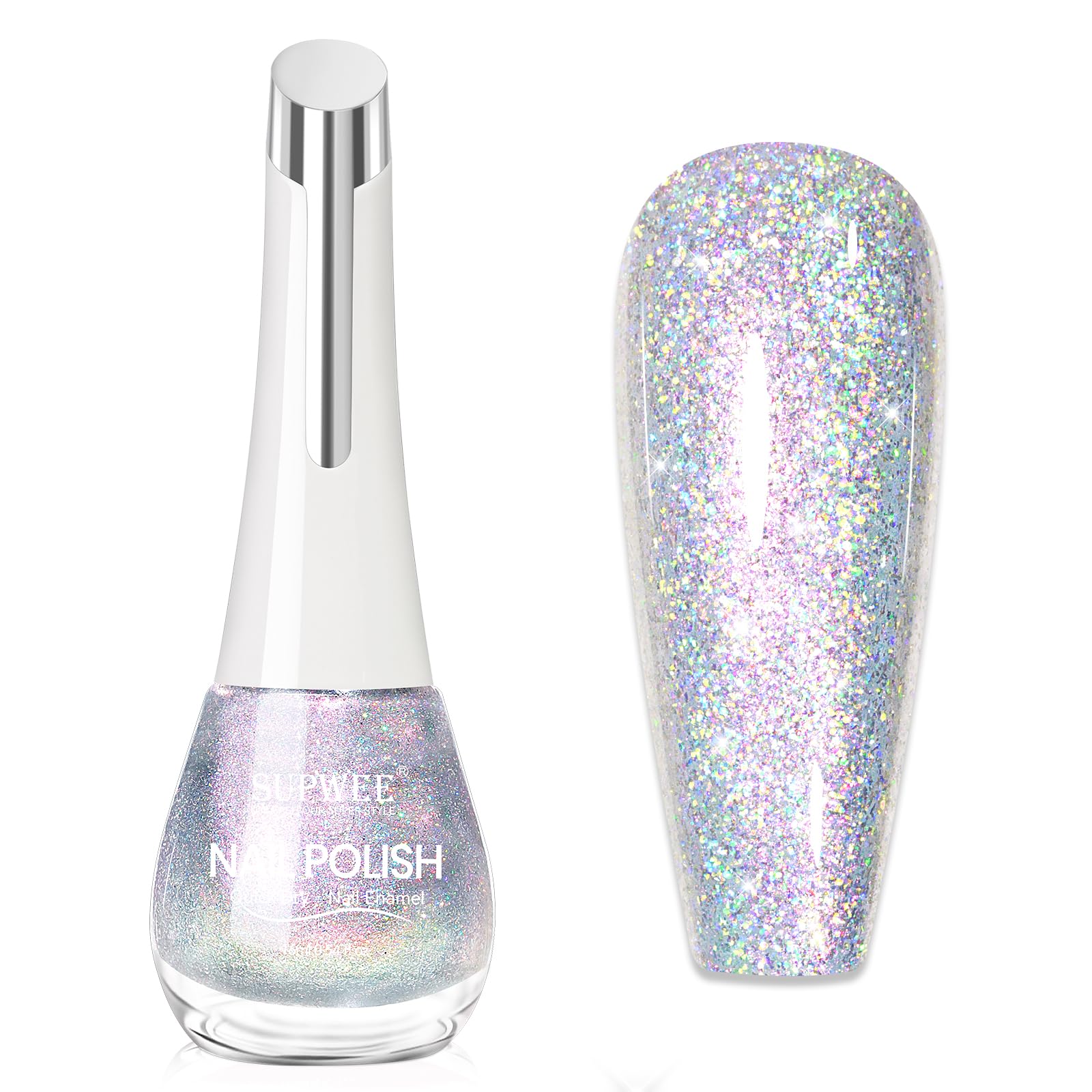 SUPWEE front bottle holographic polish showing glossy finish benefits
