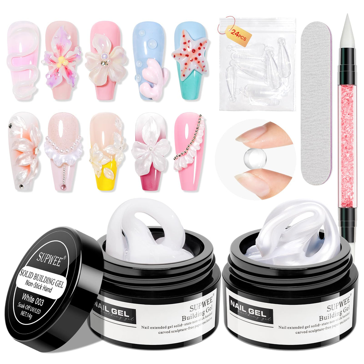 SUPWEE kit front view showing jars, molds, and file for easy salon results