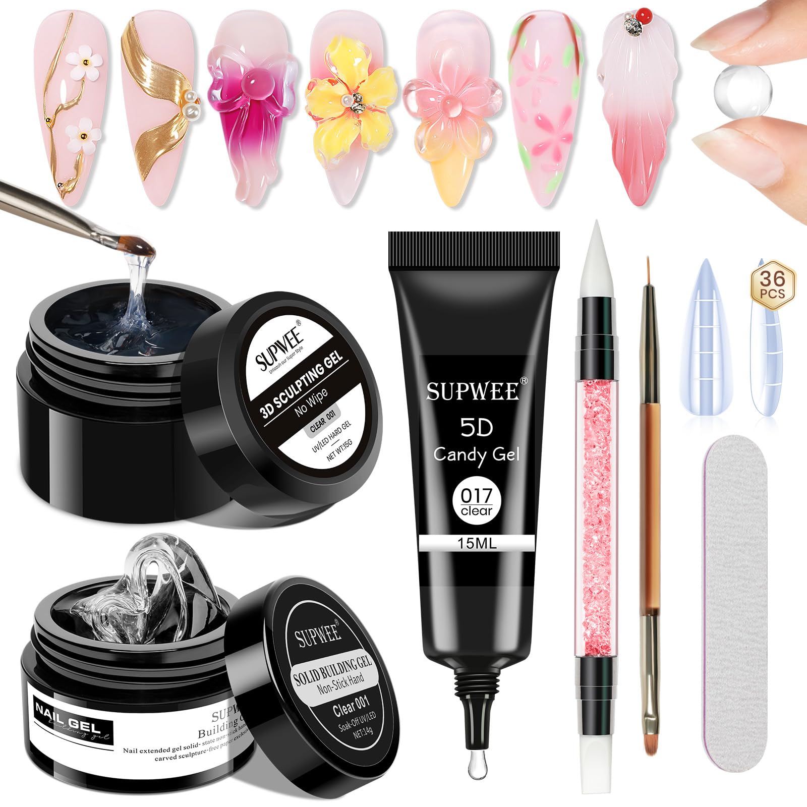SUPWEE front packaging showing complete 3D gel art kit and contents