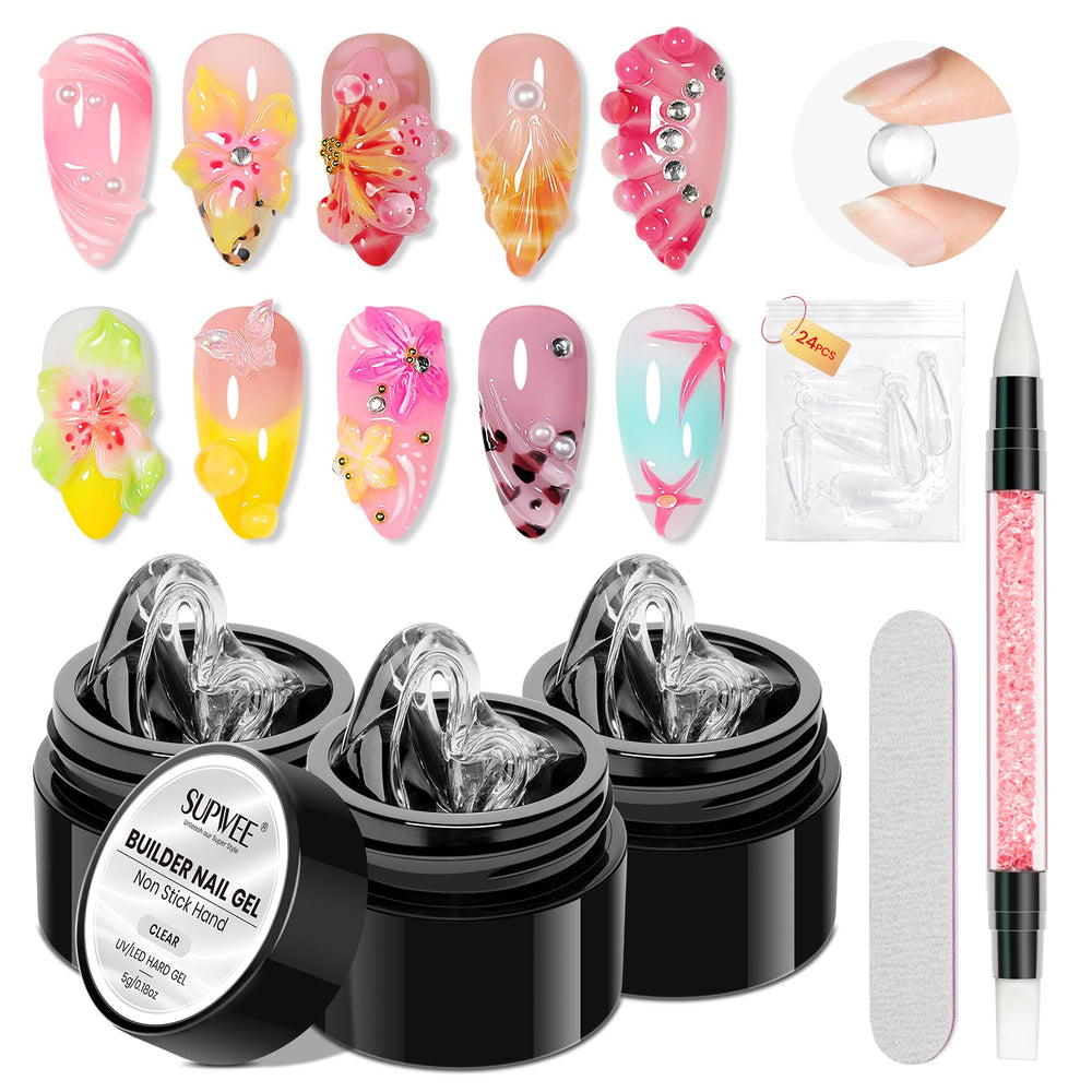 SUPWEE front packaging showing three clear builder gel pots and tools for neat application