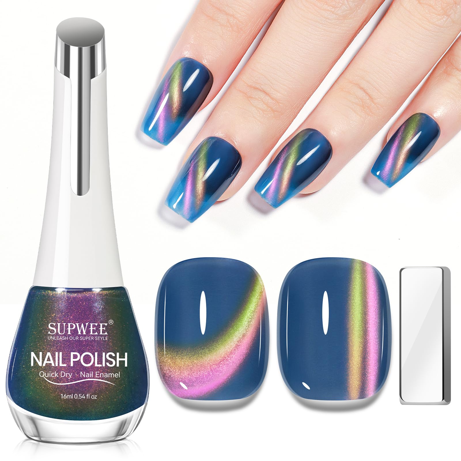 SUPWEE blue cat eye nail polish bottle front view showing label and 16ml size for quick application