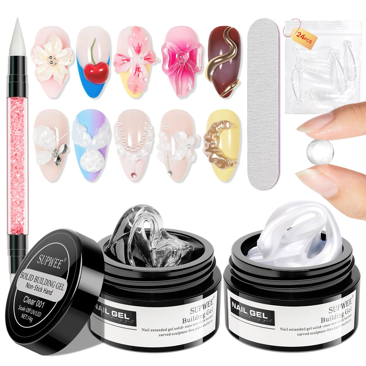 SUPWEE front packaging showing clear and pearl white gels, great for home manicures