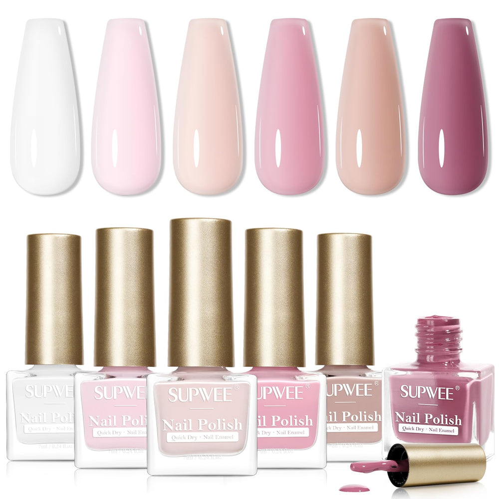 SUPWEE front packaging nude set showing six neutral polish bottles, quick selection benefit