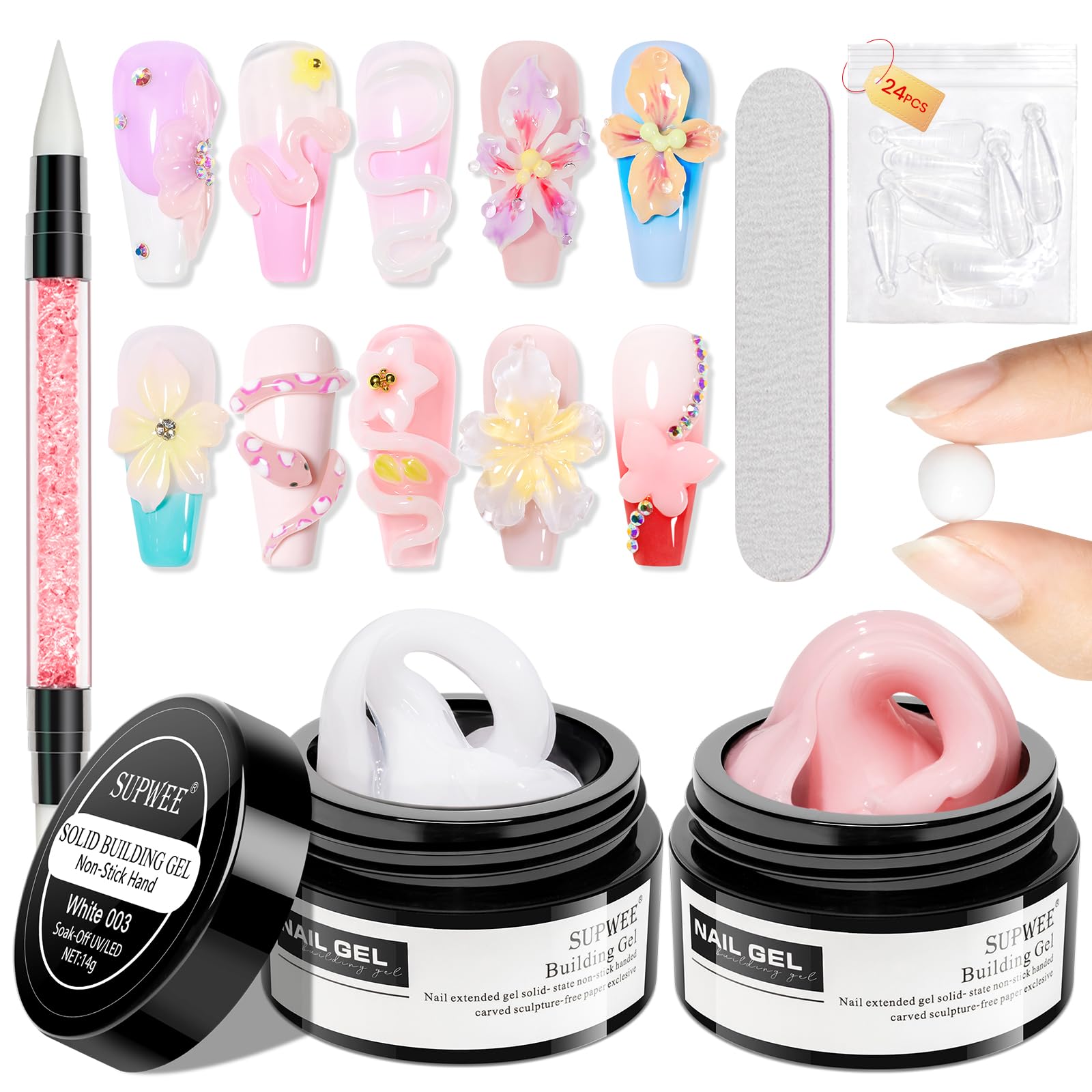SUPWEE front packaging showing nude and white gel jars and molds for easy setup