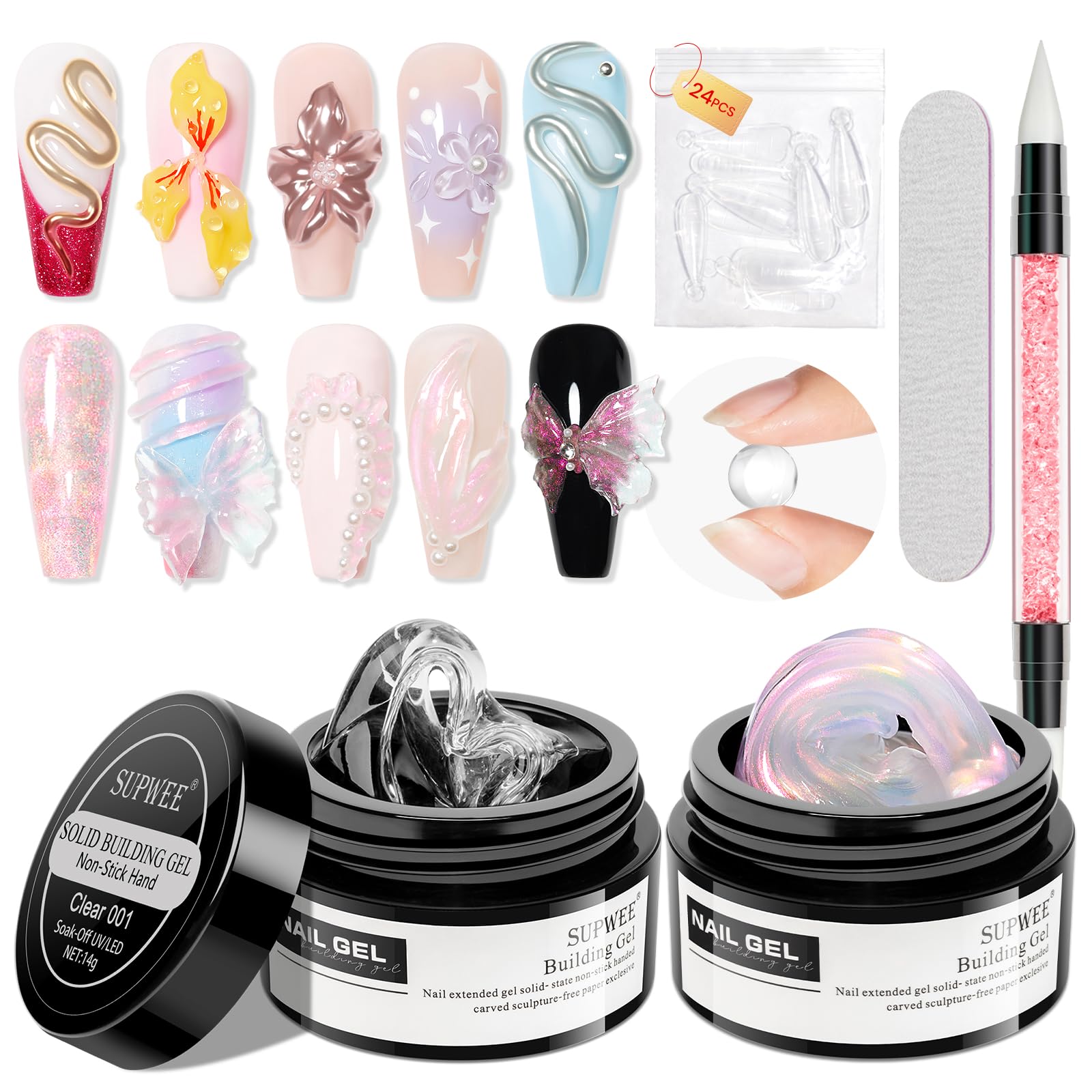 SUPWEE front packaging showing pink aurora and clear gels, ready-to-use kit benefit