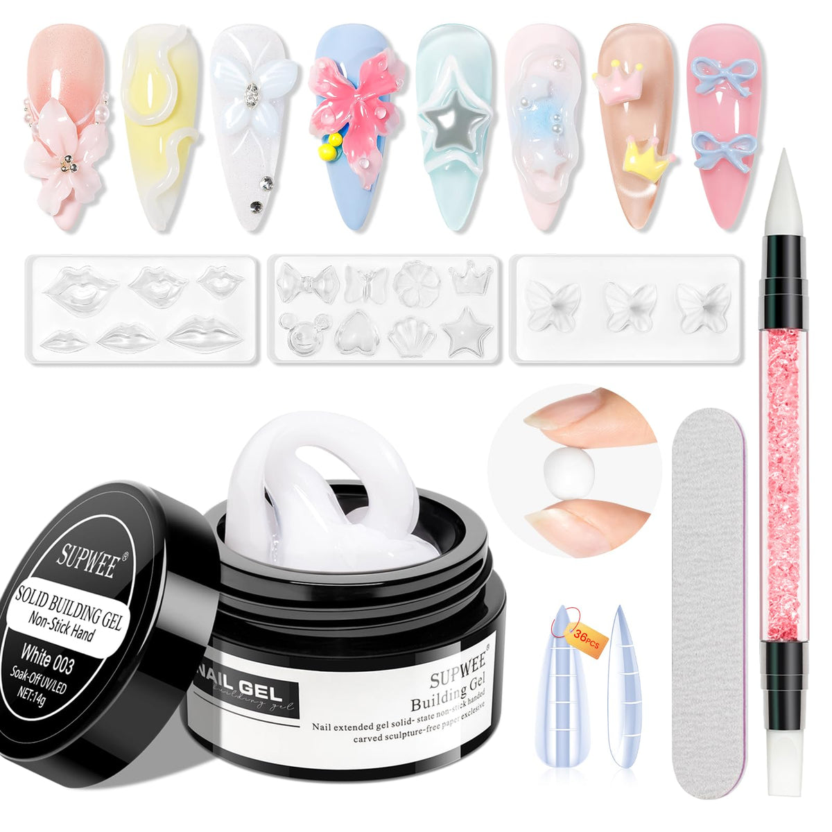 SUPWEE front packaging showing white 3D sculpting gel kit and included tools benefit clarity