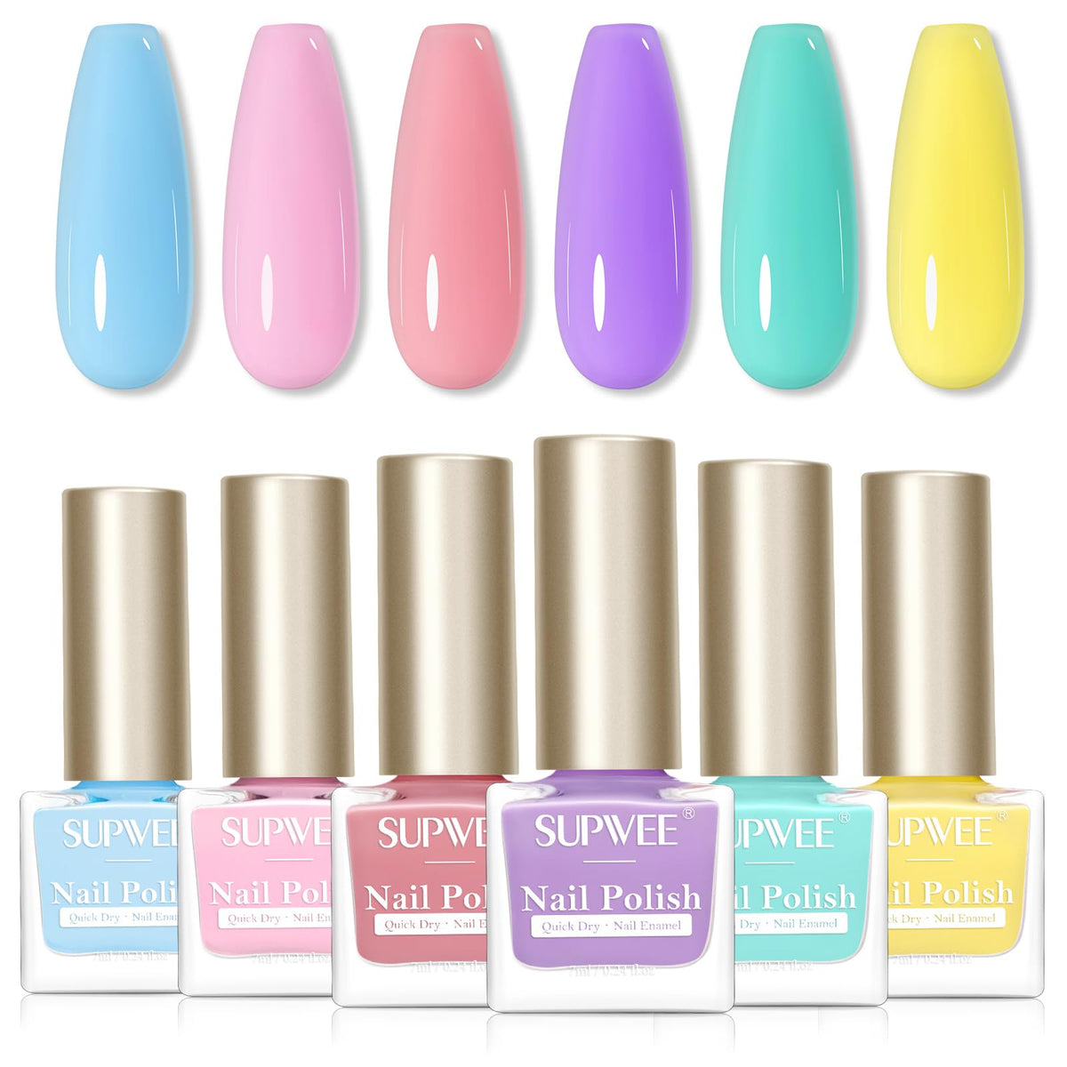 SUPWEE front packaging showing five pastel bottles and set benefit