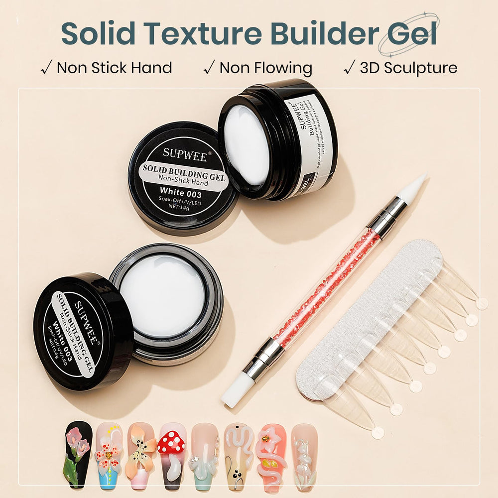 SUPWEE gel tubs closeup showing white solid builder gel texture for precise sculpting