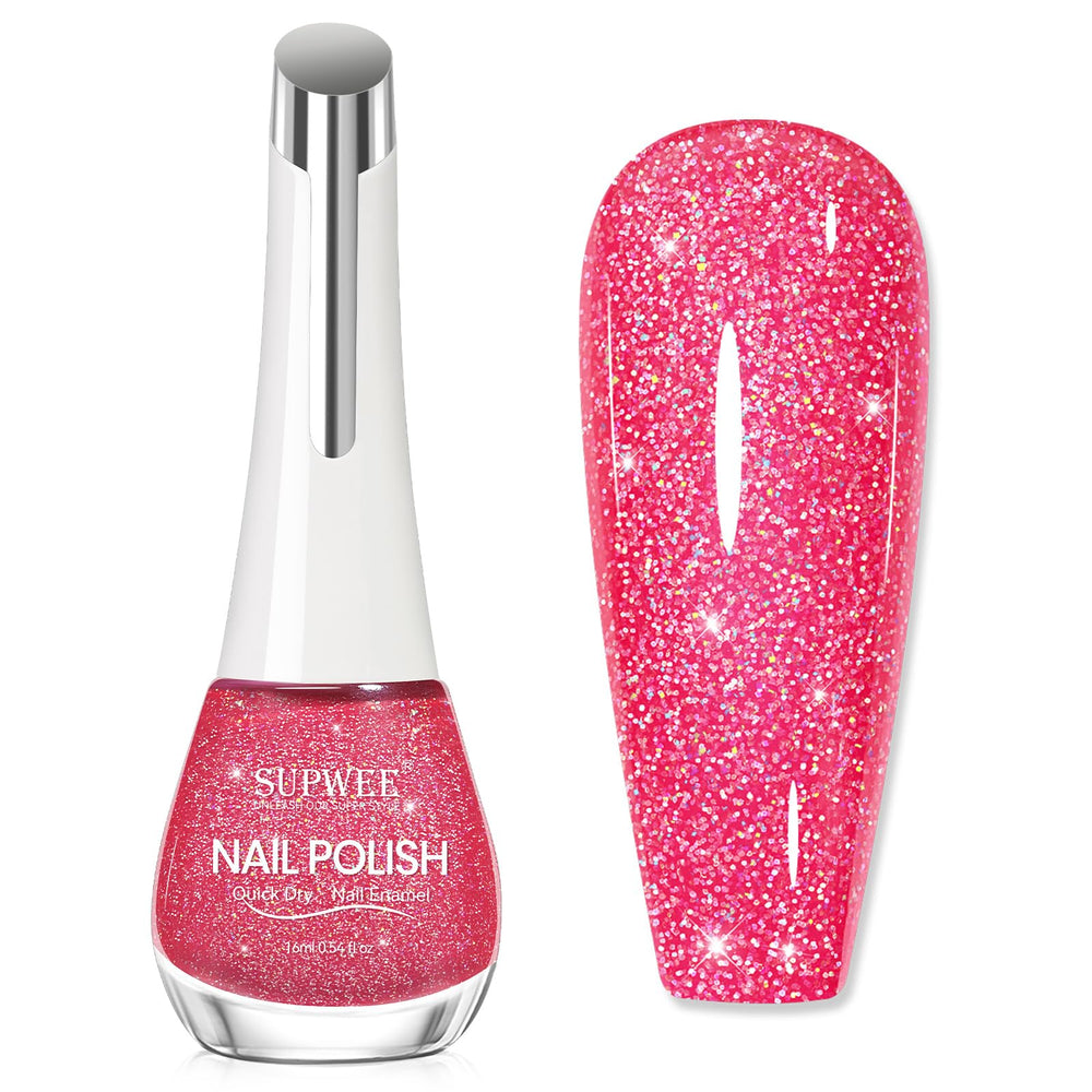 SUPWEE hot pink bottle front view showing label and glitter finish benefit long-lasting shine