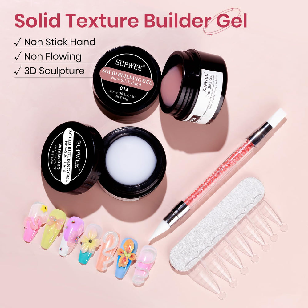 SUPWEE open jars displaying white and nude solid gel texture for precise sculpting