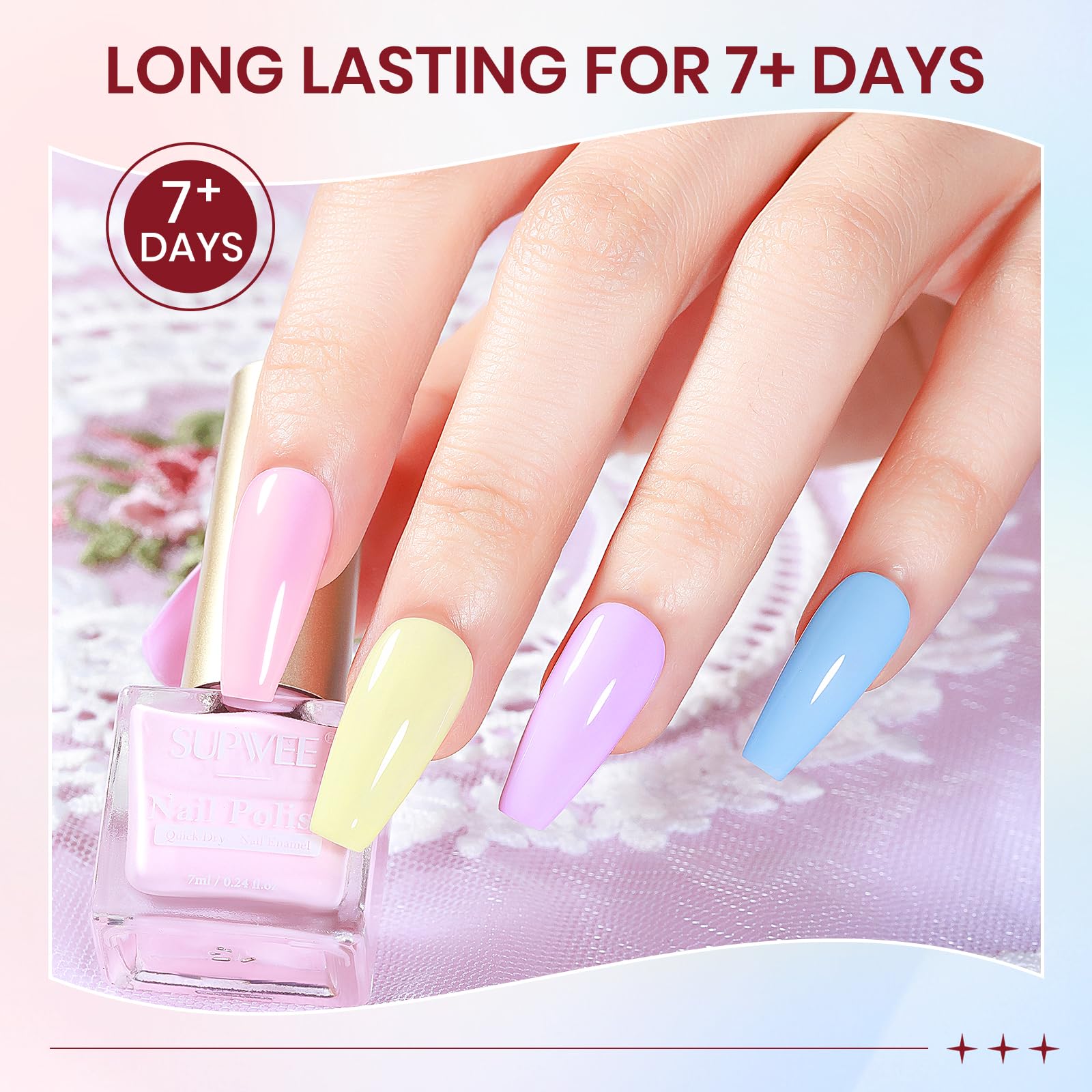 SUPWEE nail swatch cards displaying each pastel shade for accurate color preview benefit