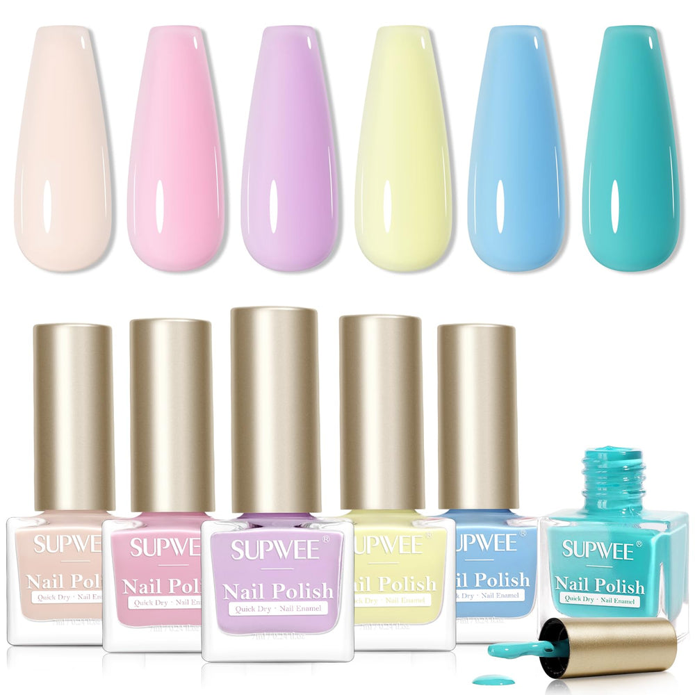 SUPWEE front packaging showing five pastel nail polish bottles and compact case benefit quick selection