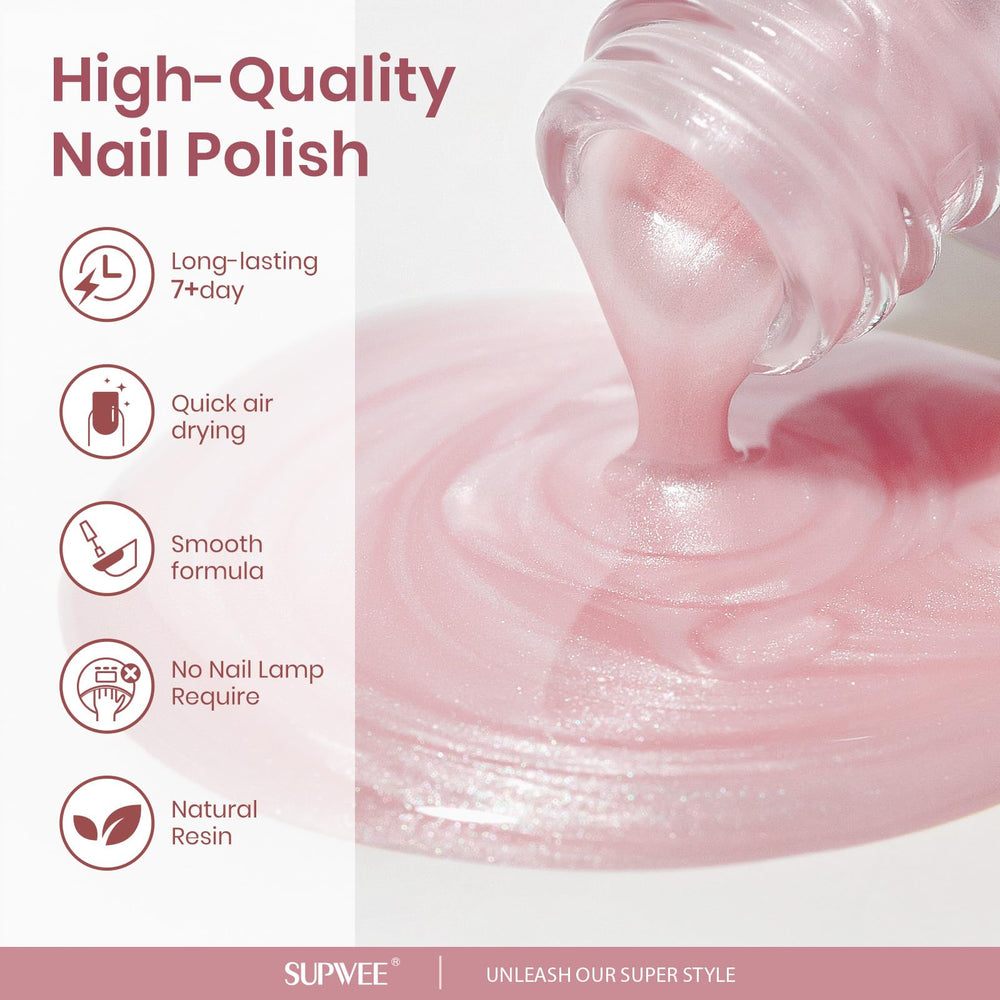 SUPWEE bottle beside shell and tiny pearls for nail-art inspiration