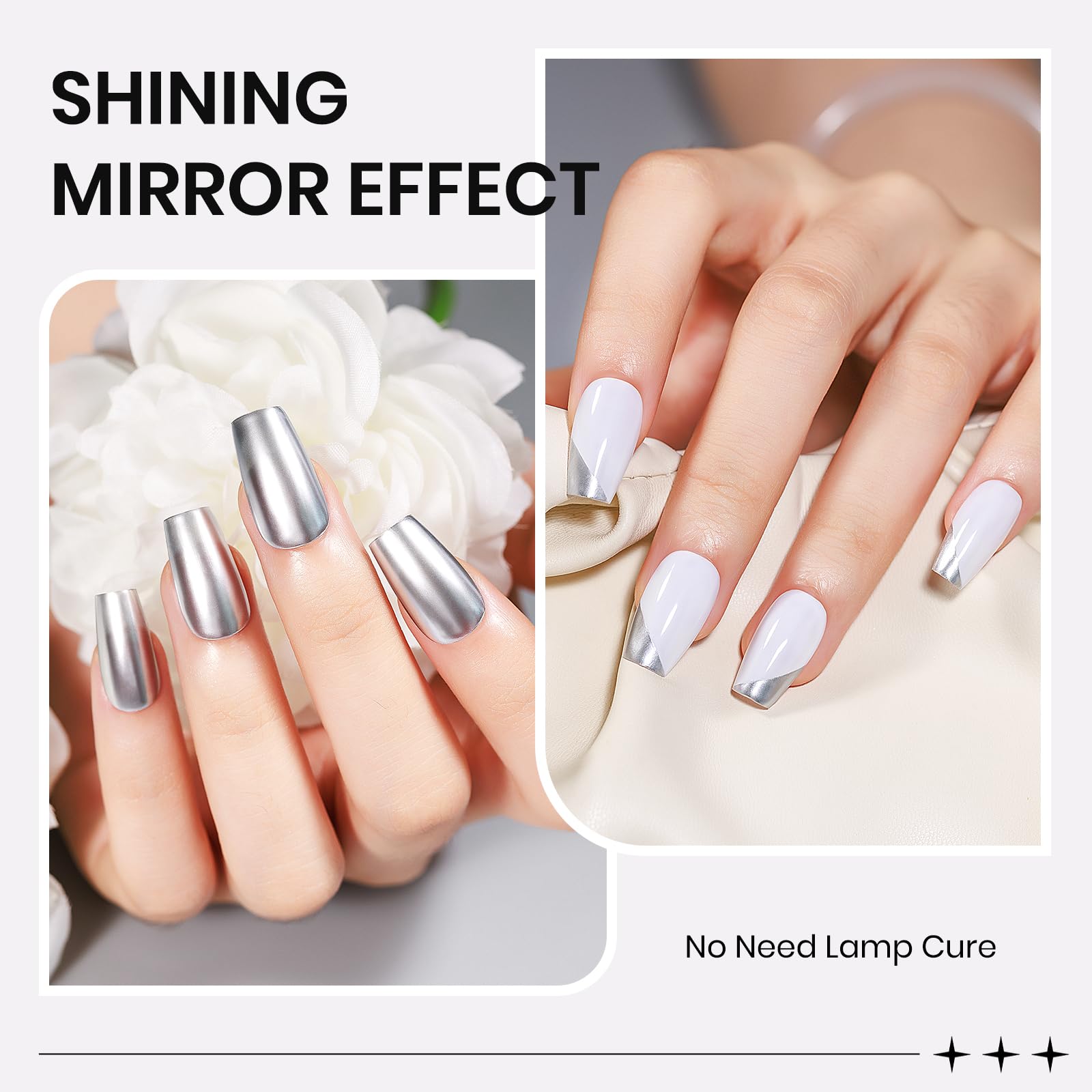SUPWEE close-up of fingernail finished in chrome silver highlighting mirror reflection