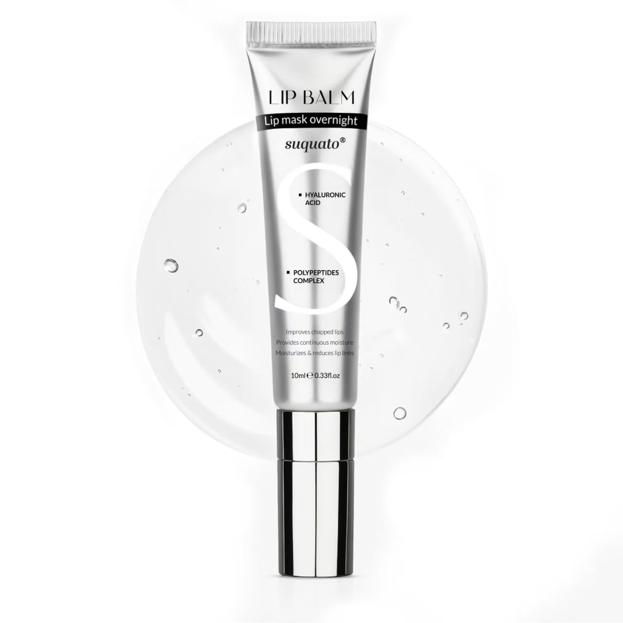 suquato front packaging showing mini peptide lip set and travel convenience