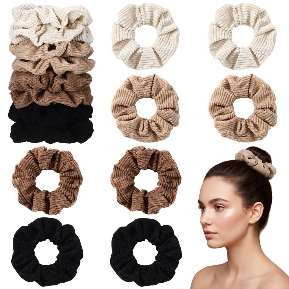 Sureio front view of eight corduroy scrunchies showing colors and size benefit